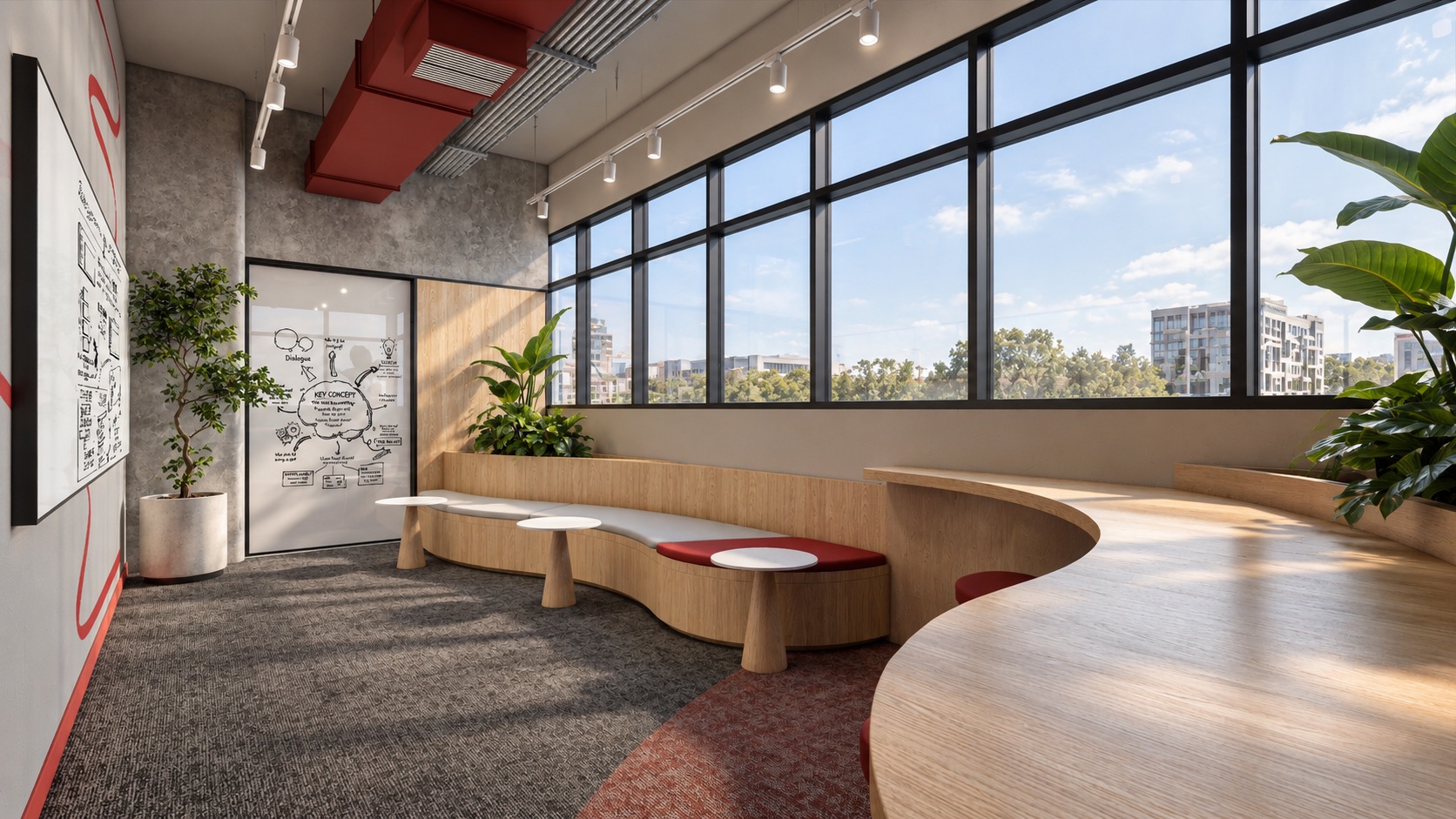 Wureth workplace collaboration area with curved timber seating and city views
