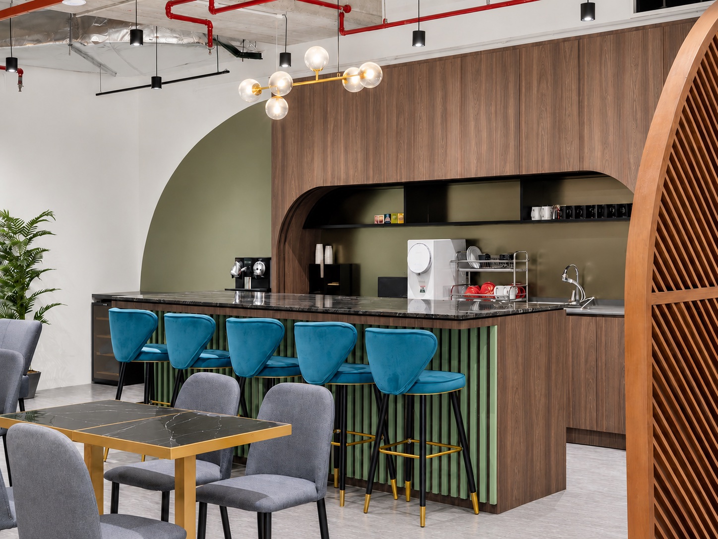 Completed workplace cafe used for collaboration and informal meetings